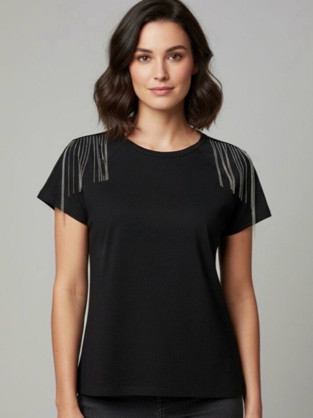 Rebecca Minkoff Black Short-Sleeve Tee with Silver Shoulder Fringe